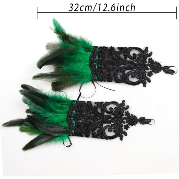 2 Pcs Gothic Black Lace Feather Long Gloves for Women Halloween Costume - Picture 3 of 4